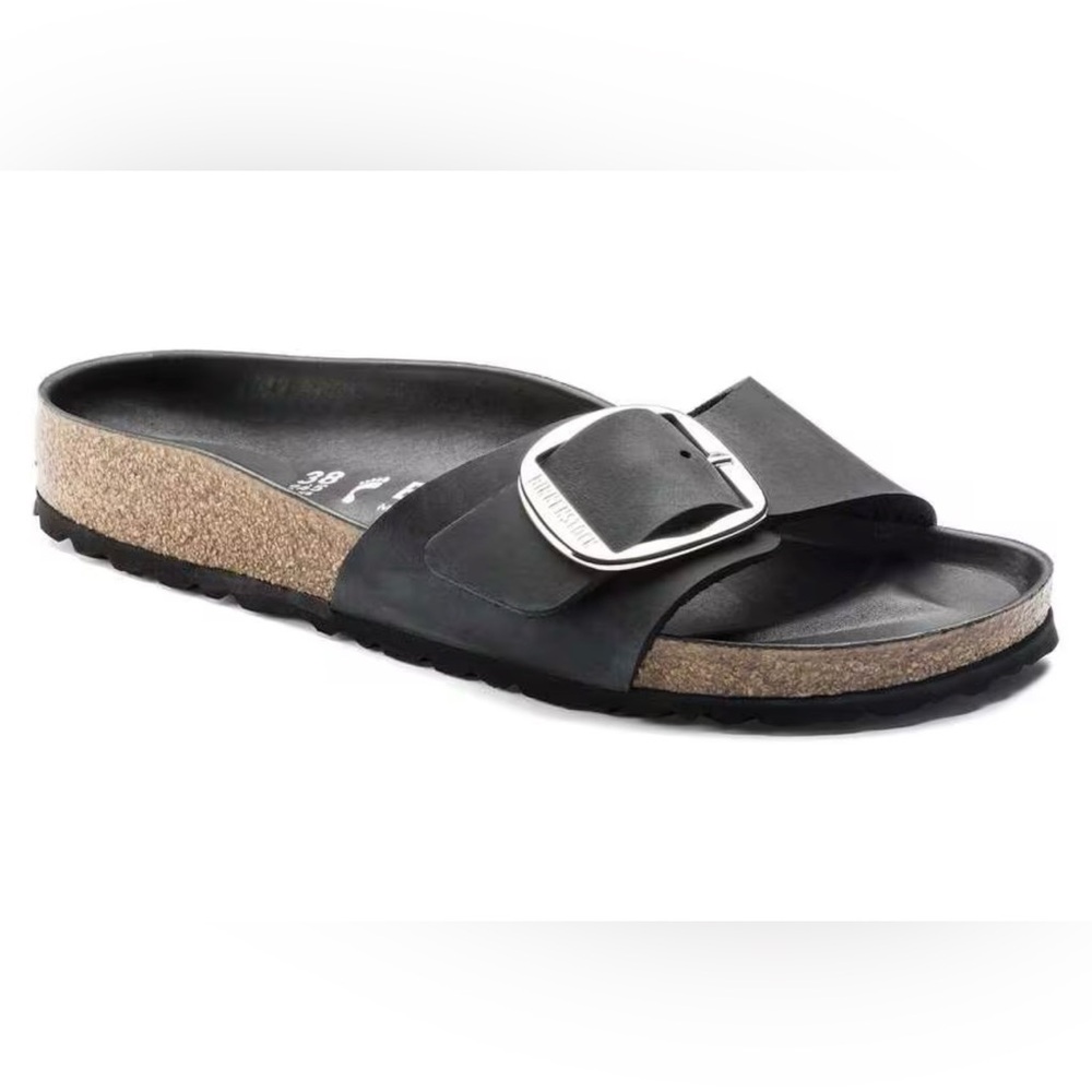 Birkenstocks Madrid Big Buckle color black 
Oiled Leather Preowned 9.5/ 40